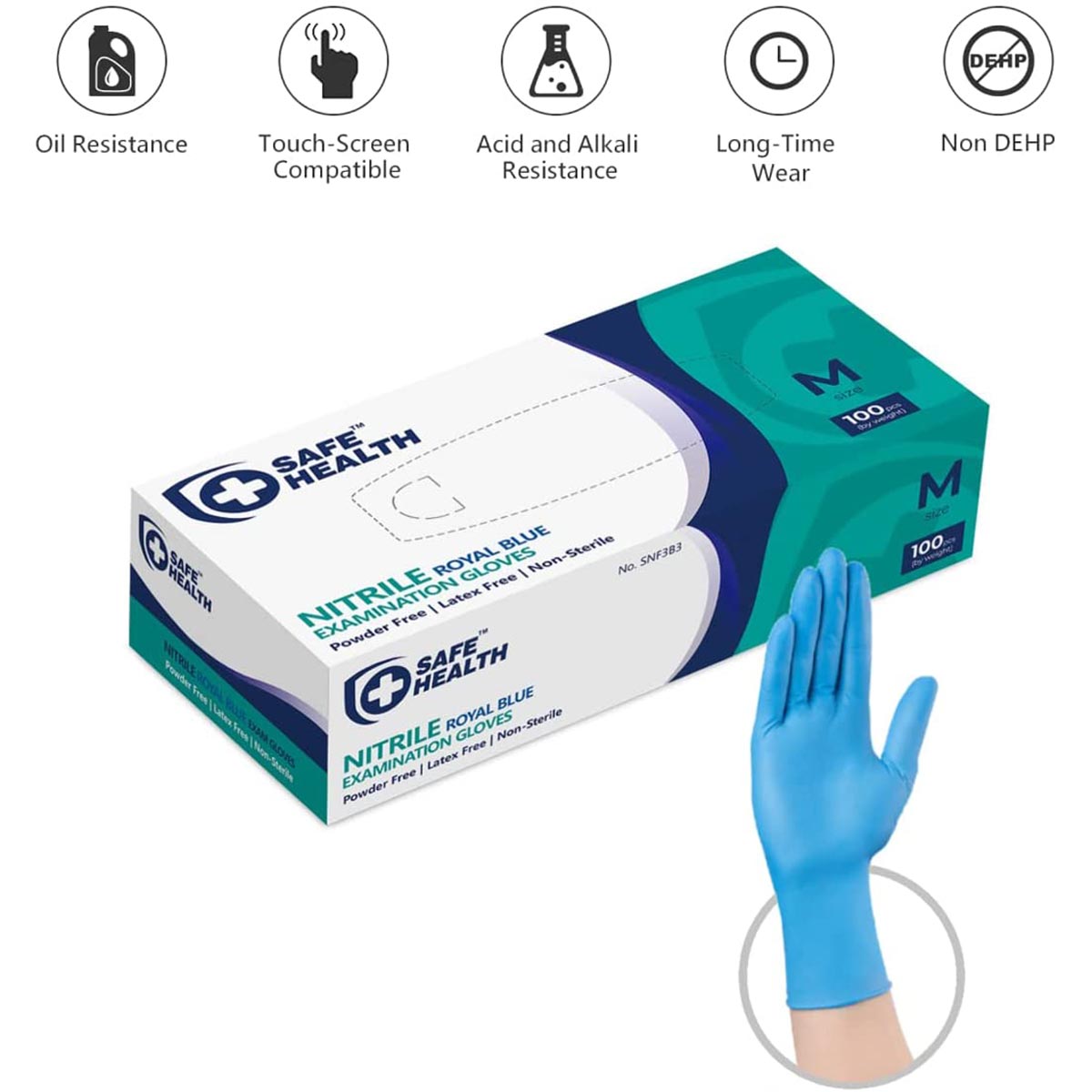 SafeHealth Medium Royal Blue Nitrile Disposable Exam Gloves