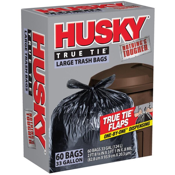 Husky Large Trash Bag, 33 gal, 3 ft 4 in. (L) x 2 ft 9 in. (W) x 0.8