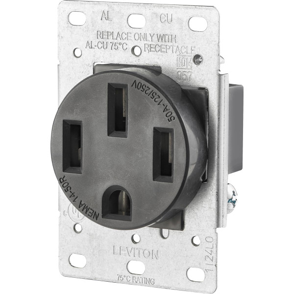 Leviton 50 Amp Flush Mount Shallow Single Outlet, Black Leviton 50 Amp Flush Mount Shallow Single Outlet, Black
